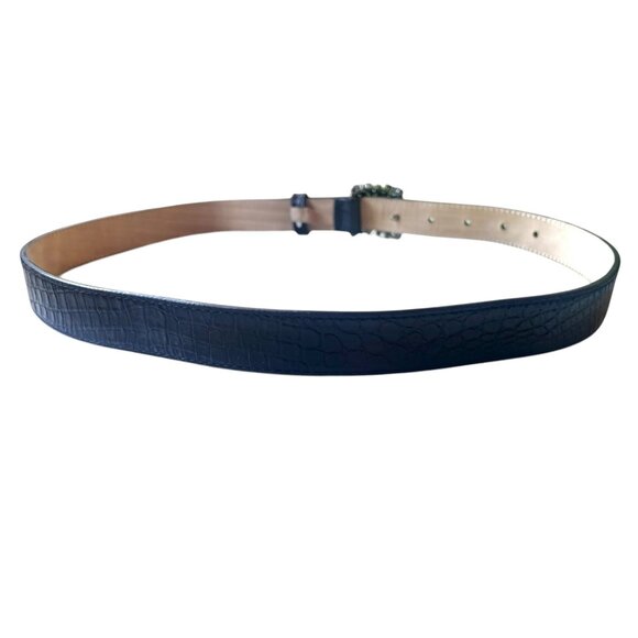 Talbots Black Embossed Leather Belt Faceted Gemstone Style Buckle 30” - 34” GUC - Picture 5 of 11